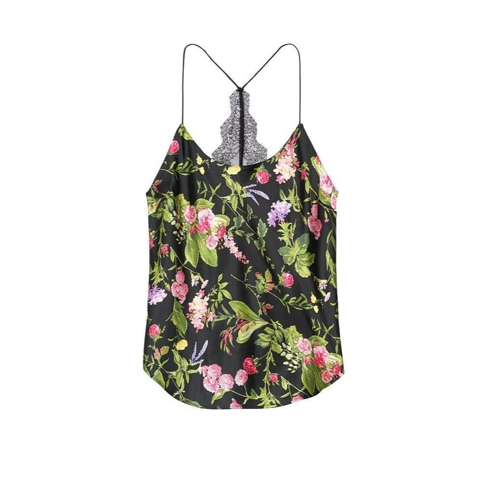 Victorias Secret Satin Camisole Top NWT Black Floral Lace Back Halter Size L
